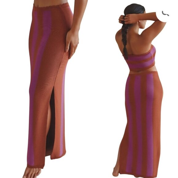 Anthropologie NWT Mandy Stripe Orange Purple Midi Skirt Strapless Top Set Size M - Picture 4 of 16
